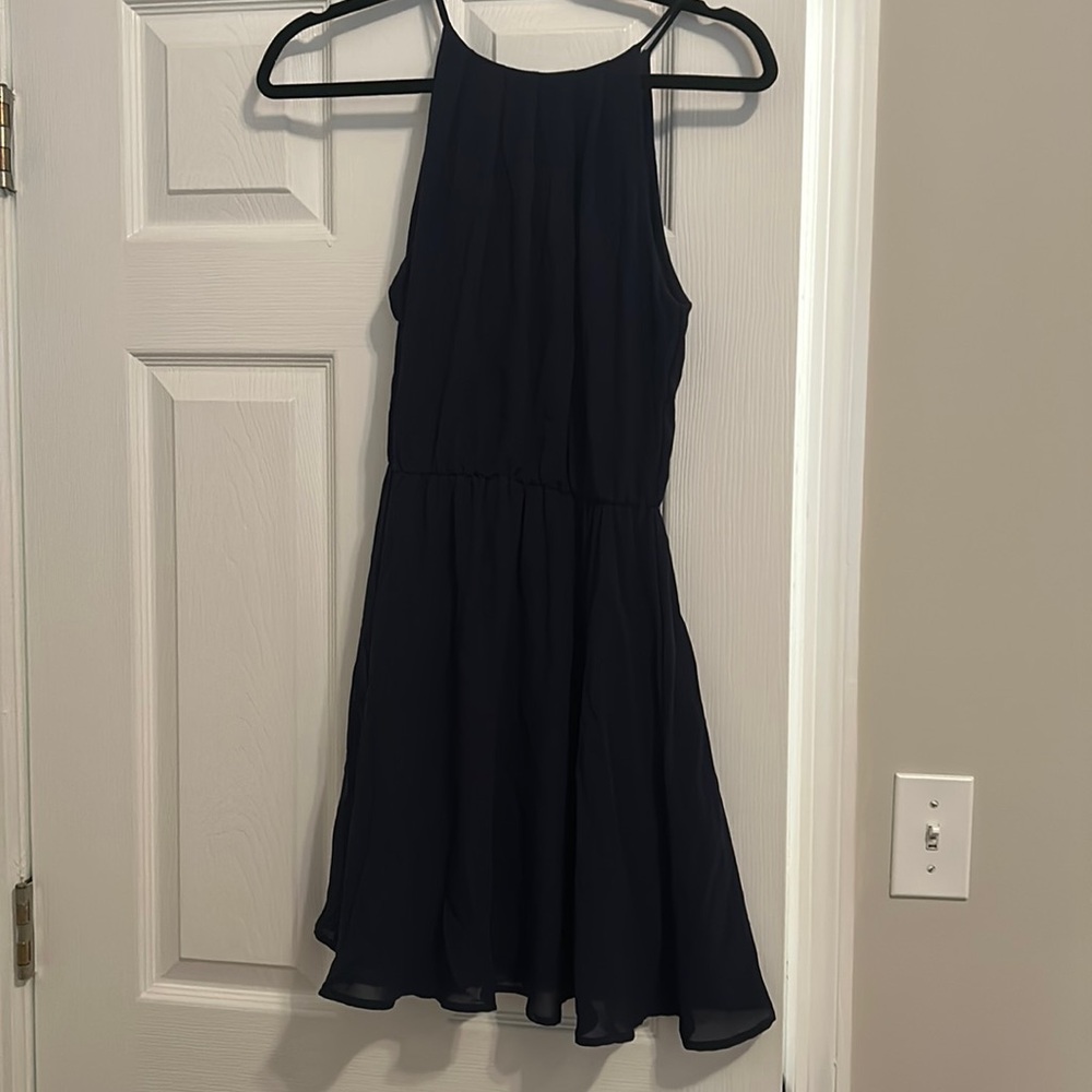 Navy chiffon halter mini dress